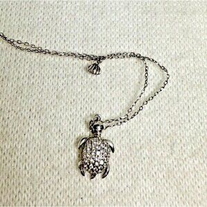 Sterling Silver CZ Covered Turtle Necklace with a Sweet Small Shell Charm - 17"